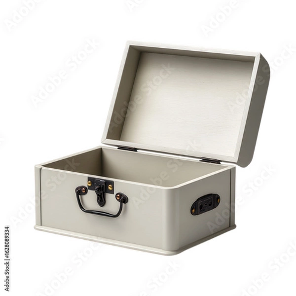 Fototapeta Vintage light gray wooden storage chest with ornate metal clasp and handle isolated on transparent background