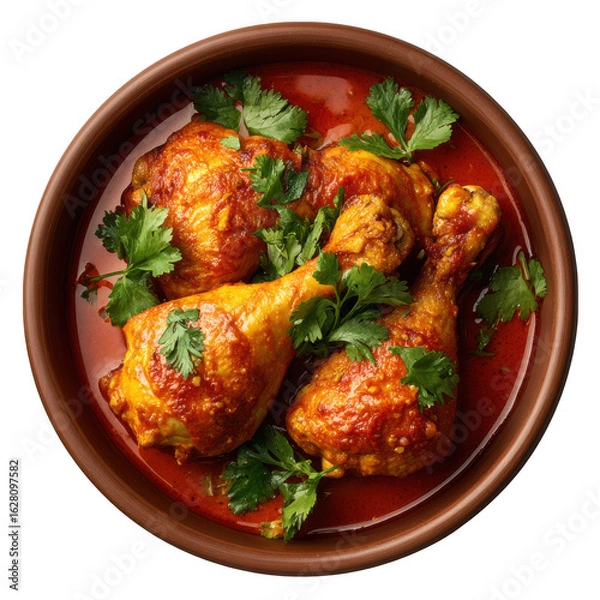 Fototapeta Delicious chicken curry with fresh cilantro garnish in a rustic bowl isolated on transparent background