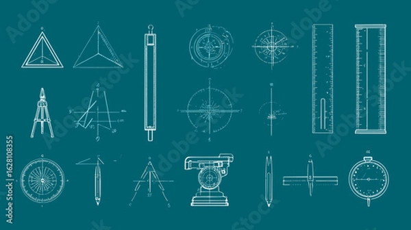 Fototapeta Blueprint-style technical drawings showcasing engineering tools, triangulation, compasses, rulers, and surveying equipment, creating a scientific design.