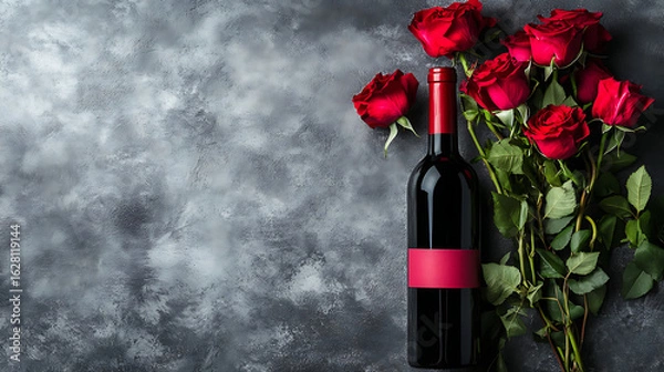 Obraz red wine bottle and red rose