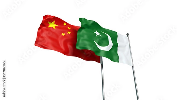 Fototapeta Flags of Pakistan and China friendship flag waving on the sky with beautiful sun light. generative ai