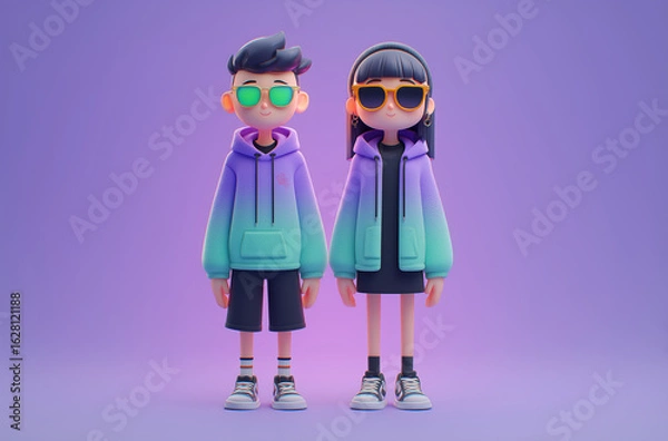 Fototapeta 3D Render of Two Characters in Casual Outfits Against a Purple Background