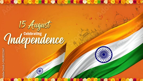 Fototapeta 15 August Indian Happy Independence Day Celebration Poster Design Template, illustration of abstract tricolor banner with Indian flag for 15th August Happy Independence, generative ai