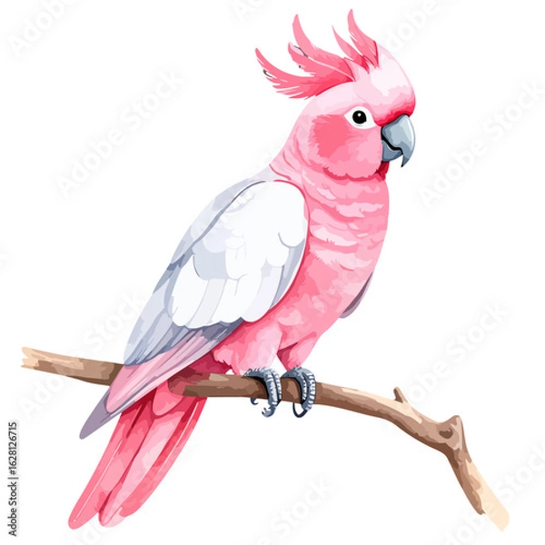 Fototapeta Beautiful pink cockatoo with a spiky crest and grey wings, perched on a tree branch illustration.
