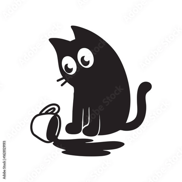 Fototapeta Curious Cartoon Black Cat Looking at Spilled Cup
