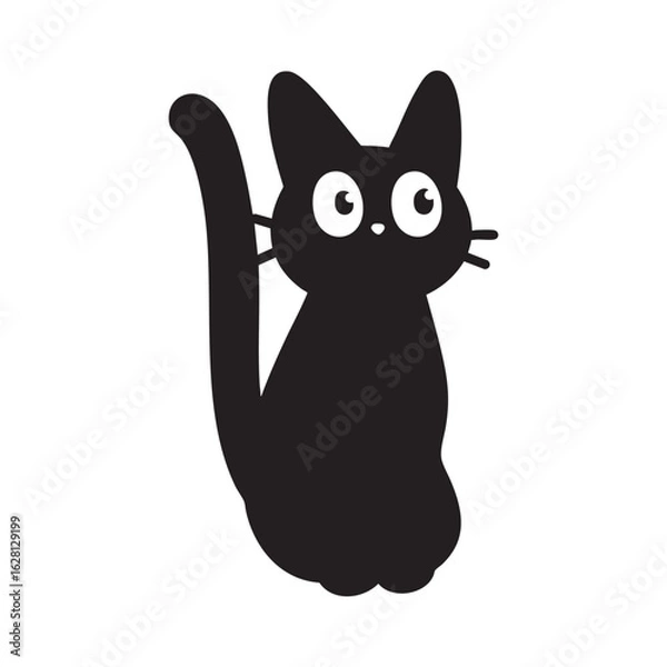Fototapeta Cute Black Cartoon Cat with Long Tail Sitting Upright