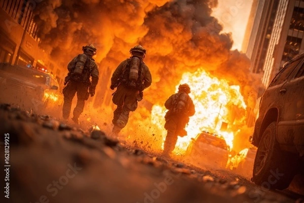 Obraz Firefighters Battling Intense City Blaze