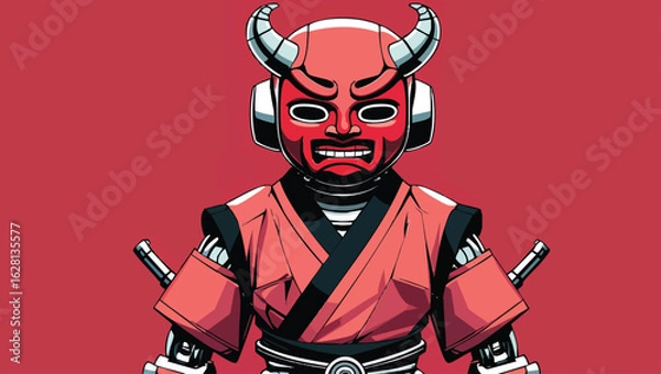 Fototapeta Red Demon Robot: Traditional Japanese Oni Mask Inspired Design