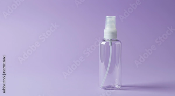 Fototapeta Elegant clear spray bottle with white pump nozzle on a soft lavender background, perfect for beauty, skincare, or cleaning product mockups and branding.