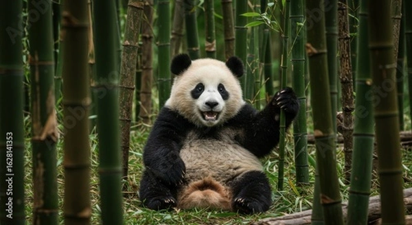 Obraz Adorable giant panda playing in lush bamboo forest, raising paw playfully