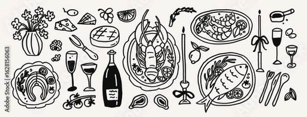 Fototapeta Whimsical seafood line art doodle sketch. Whimsy mediterranean wine italian dinner with fish, lobster, salmon and shrimp plate. Wedding table setting coquette vector outline illustration
