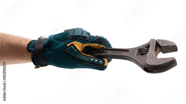 Fototapeta Hand holding a wrench in a work environment