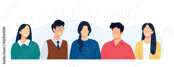 Obraz Happy positive people. Diverse group of people standing together. Teamwork, cooperation, friendship concept. Vector illustration.