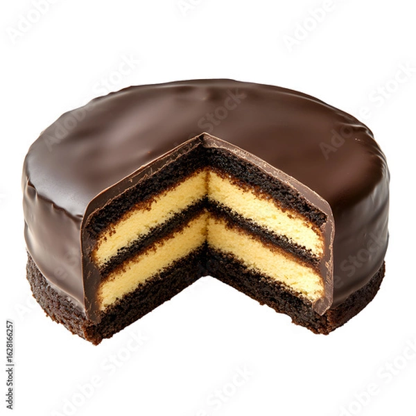 Fototapeta Sponge cake snack covered in dark chocolate filled with milk cream cut in half isolated on a white background