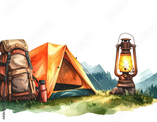 Obraz Vector camping essentials- tent, lantern, backpack – transparent background