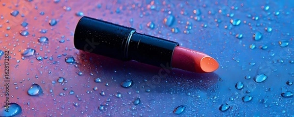 Fototapeta A black lipstick with orange and pink shades, lying on the table, with drops of water, against a neon background and a purple-blue gradient, in a minimalist, hyperrealistic photographic style.