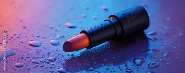 Fototapeta A black lipstick with orange and pink shades, lying on the table, with drops of water, against a neon background and a purple-blue gradient, in a minimalist, hyperrealistic photographic style.