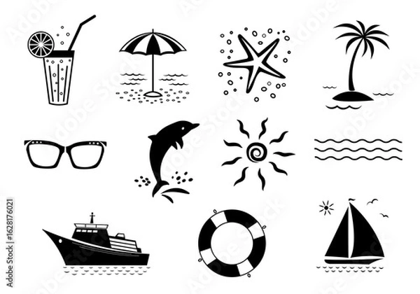 Fototapeta Travel and sea holidays symbols icons set vector flat silhouette design elements
