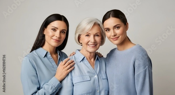 Fototapeta Three women from three generations of a family - a grandmother, her daughter, and her granddaughter - posing together with warmth and affection, symbolizing love and connection across ages