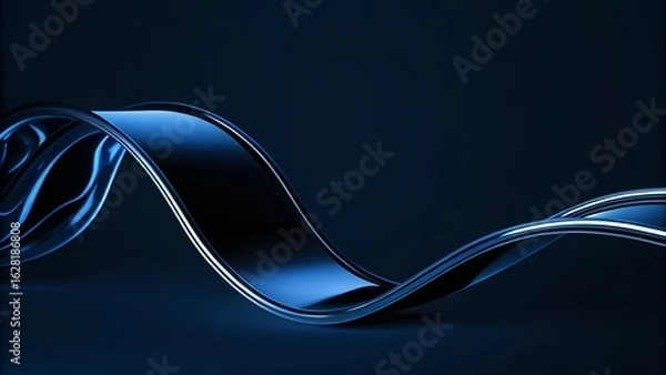 Fototapeta Twisted Chrome Ribbon – Reflective Metallic Strip Curling Over Deep Blue Gradient
