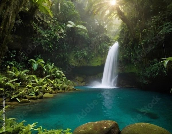 Fototapeta Emerald Cascade Tropical Waterfall Nestled in Rainforest Sanctuary