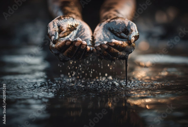 Fototapeta Hands covered in dark mud hold dripping water, creating dramatic and gritty scene. focus is on texture and contrast