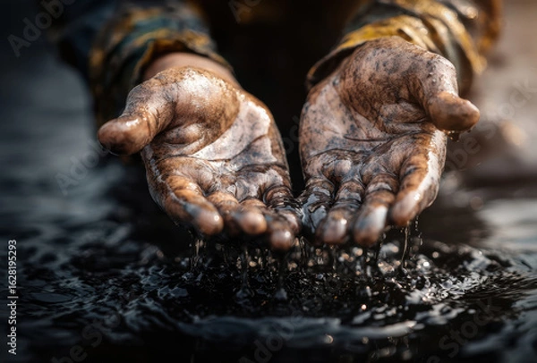 Fototapeta Dirty hands cupped together, covered in oil, with liquid dripping. image conveys sense of pollution and environmental impact
