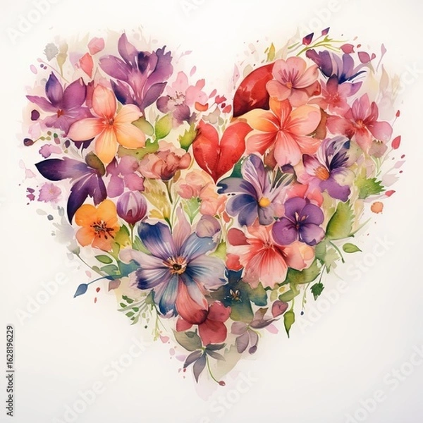 Fototapeta Colorful heart shaped watercolor artwork with vibrant flowers on a white background exuding love and creativity