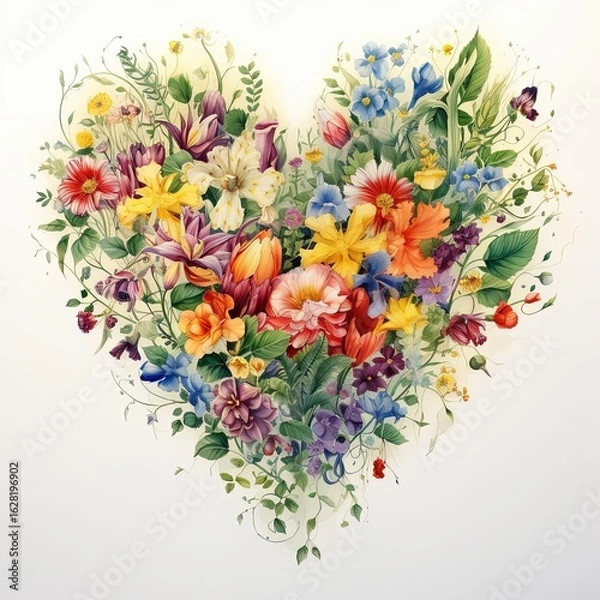 Fototapeta Vibrant watercolor heart adorned with sunflowers and colorful blooms celebrating summer's joy and warmth