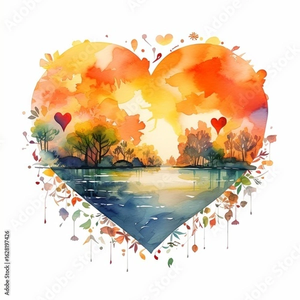 Fototapeta Vibrant autumn heart watercolor design showcasing a serene landscape with colorful trees and a reflective water surface