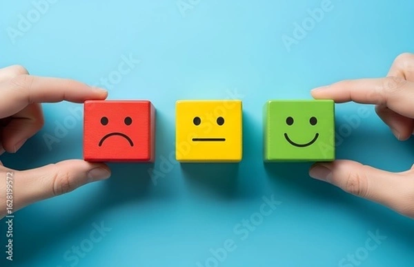 Obraz Hands holding blocks with different facial expressions showing customer satisfaction levels