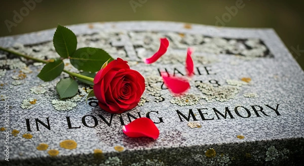 Fototapeta A red rose and petals on a weathered headstone with 'IN LOVING MEMORY' inscription, celebrating Krishna janmashtami in a somber mood.