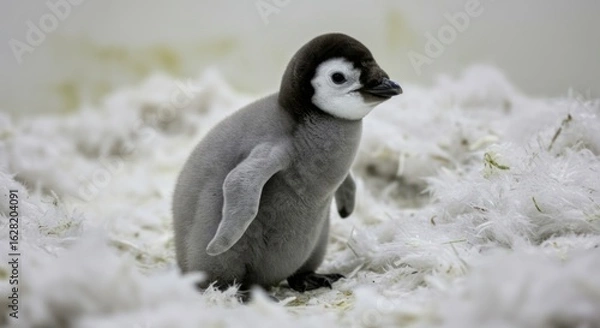 Obraz Adorable Young Penguin Chick Standing on White Fluffy Snowy Surface