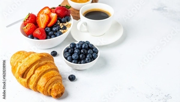 Fototapeta Delicious breakfast spread with a fresh croissant, coffee, and a bowl of granola with strawberries and blueberries.