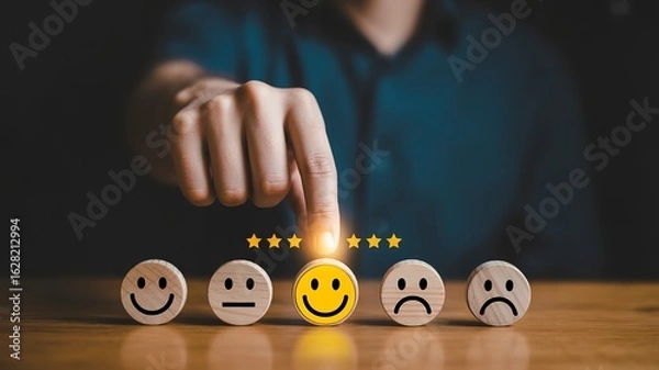 Fototapeta Customer satisfaction rating with happy face and stars, excellent feedback and service experience