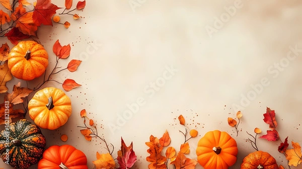Fototapeta Magical beige background with autumn leaves and pumpkins.Thanksgiving theme. Empty space. Sunbeams,nostalgic warmth,and tranquil colours reflect signs of seasons,diversity,and calm away from issues