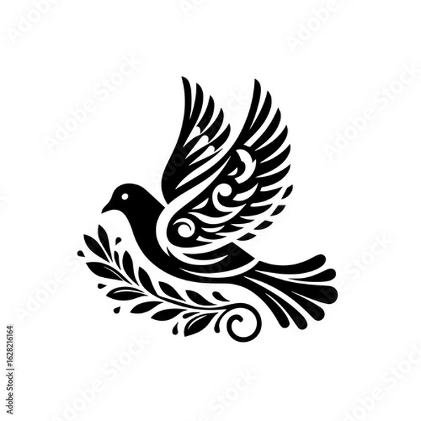 Obraz Stylized flying peace dove with an olive branch silhouette.