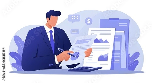 Obraz Focused Businessman Analyzing Expense Report With Calculator And Financial Documents At Office Desk, Managing Company Budget, Accounting, And Financial Planning For Business Success