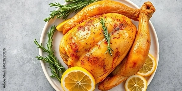 Fototapeta Golden-brown roasted chicken, rosemary sprigs, lemon slices on a light grey table,  food styling,  food photography
