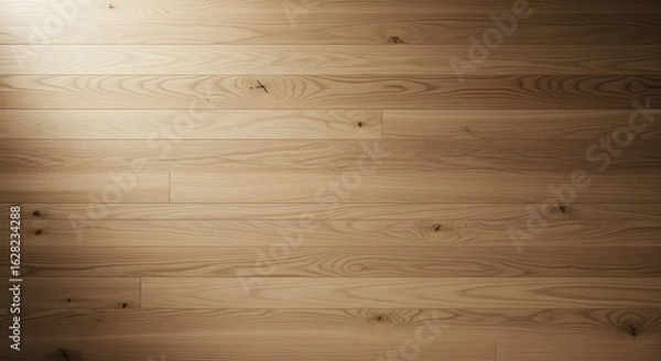 Obraz High-quality close-up of a smooth wooden floor with natural light highlights, showcasing the warm, detailed grain and texture of the wooden planks for interior design use.