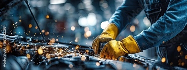 Obraz Close-up of a worker using a grinder on a metal part, sparks flying