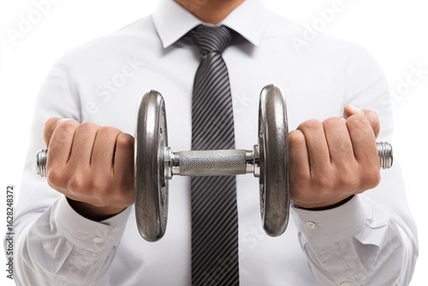 Obraz Close-up of a man in a dress shirt and tie holding a dumbbell