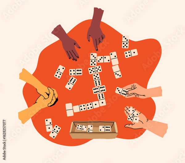 Fototapeta Creative board game hobbies. Human arms actively playing a tabletop game. Game elements like dice, cards, and pawns. Fun social activity. Vector illustration