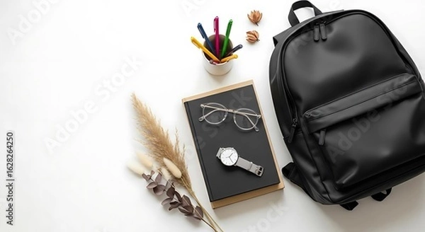 Obraz Flat lay of a black backpack with books glasses watch and pens on a white surface arrangement