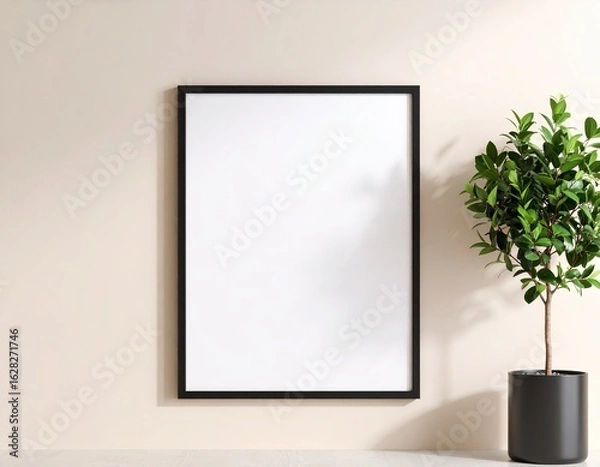 Obraz A blank framed poster hangs on a beige wall next to a potted plant, creating a minimalist interior scene.