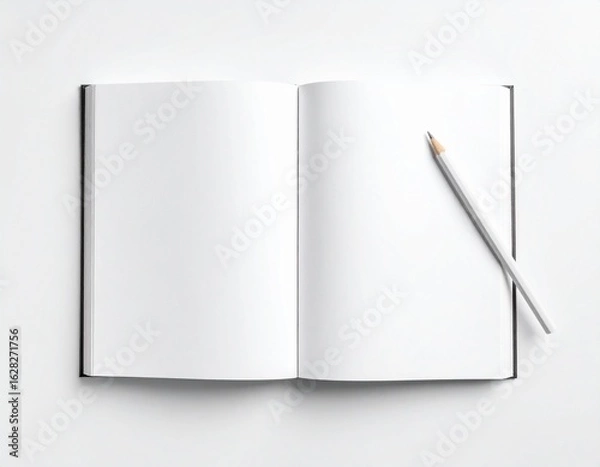 Fototapeta Blank notebook open on white background, accompanied by a sharpened pencil, ready for writing or sketching.