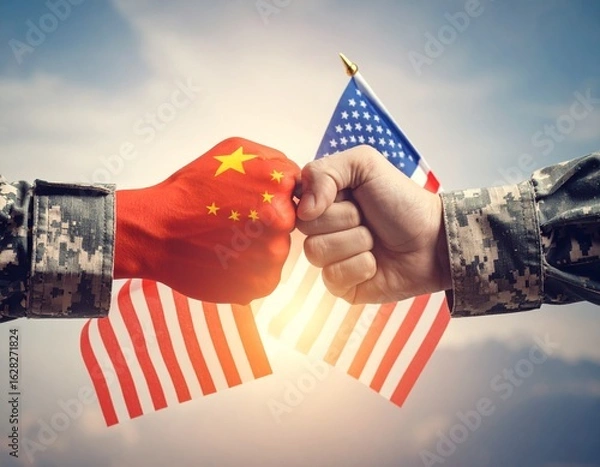 Fototapeta Two fists, one painted with the Chinese flag and the other with the American flag, collide against a sky background.