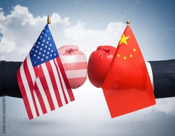 Obraz Two hands in business suits hold boxing gloves, each holding a flag, representing the US and China, symbolizing geopolitical tension.