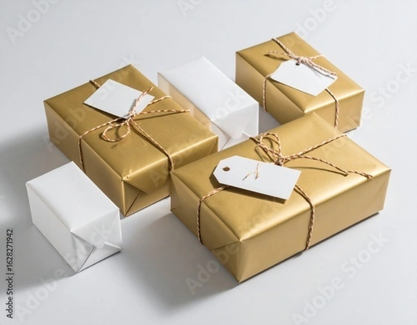 Obraz Several gifts wrapped in gold and white paper with tags and string on a white surface.