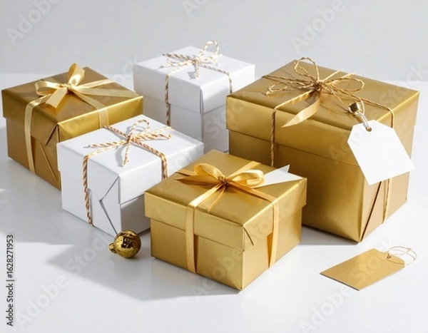 Obraz Several wrapped gift boxes, some gold and white, with ribbons and tags, arranged on a white surface.